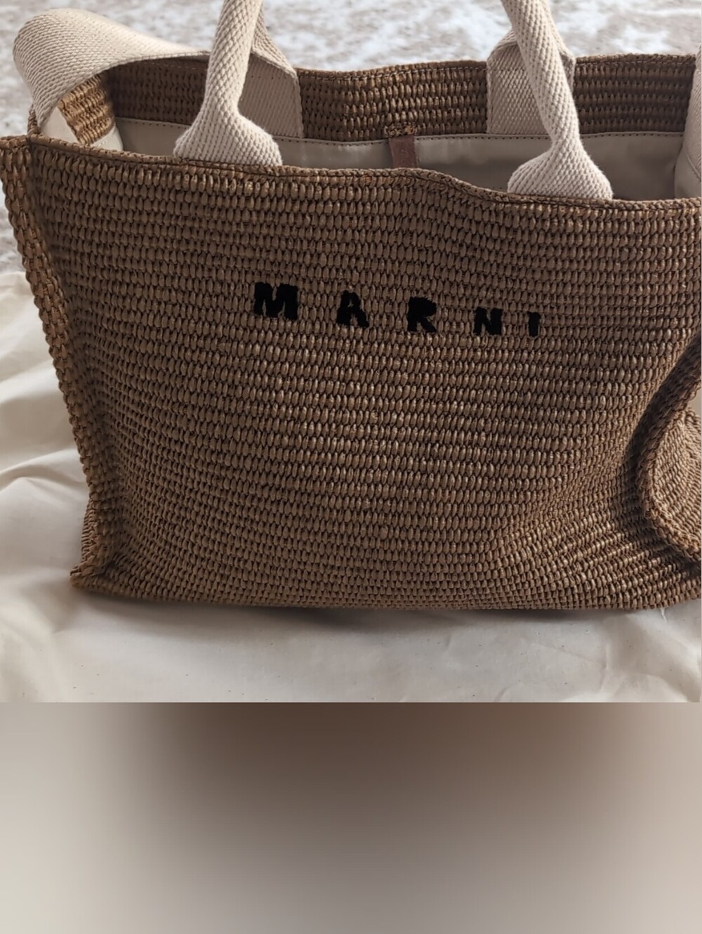 Marni Brown Woven Straw Tote with Cream Handles